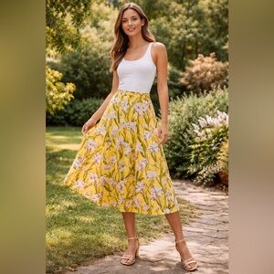GANT Yellow Floral A-Line Midi Skirt Silk Blend Size 10 [000000]